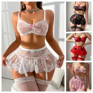 5pcs Set Women Sexy Romantic Lace Mini Skirt With Stocking Lingerie Set, For Christmas Womenswear plus size fashion Fabric Matching Elegance Feminine plus size fashion Red