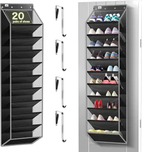 10 Tier Over The Door Organizer Heavy Duty Hanging Storage Rack with Sturdy Oxford Fabric Holds 20 Pairs of Footwear Boots & Sneakers Saves 50% Closet Space Black Hangable