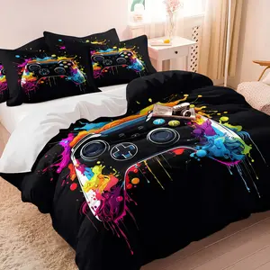 Gamer Paint Splatter Duvet Cover Set,Gaming Bedding Set with Classic Controller Print,Includes 1 Duvet Cover and 1-2 Pillowcases,Vibrant Graffiti Style Comforter Cover,Soft Microfiber Bedding for Boys Teens Bedroom & Gaming Room Decor
