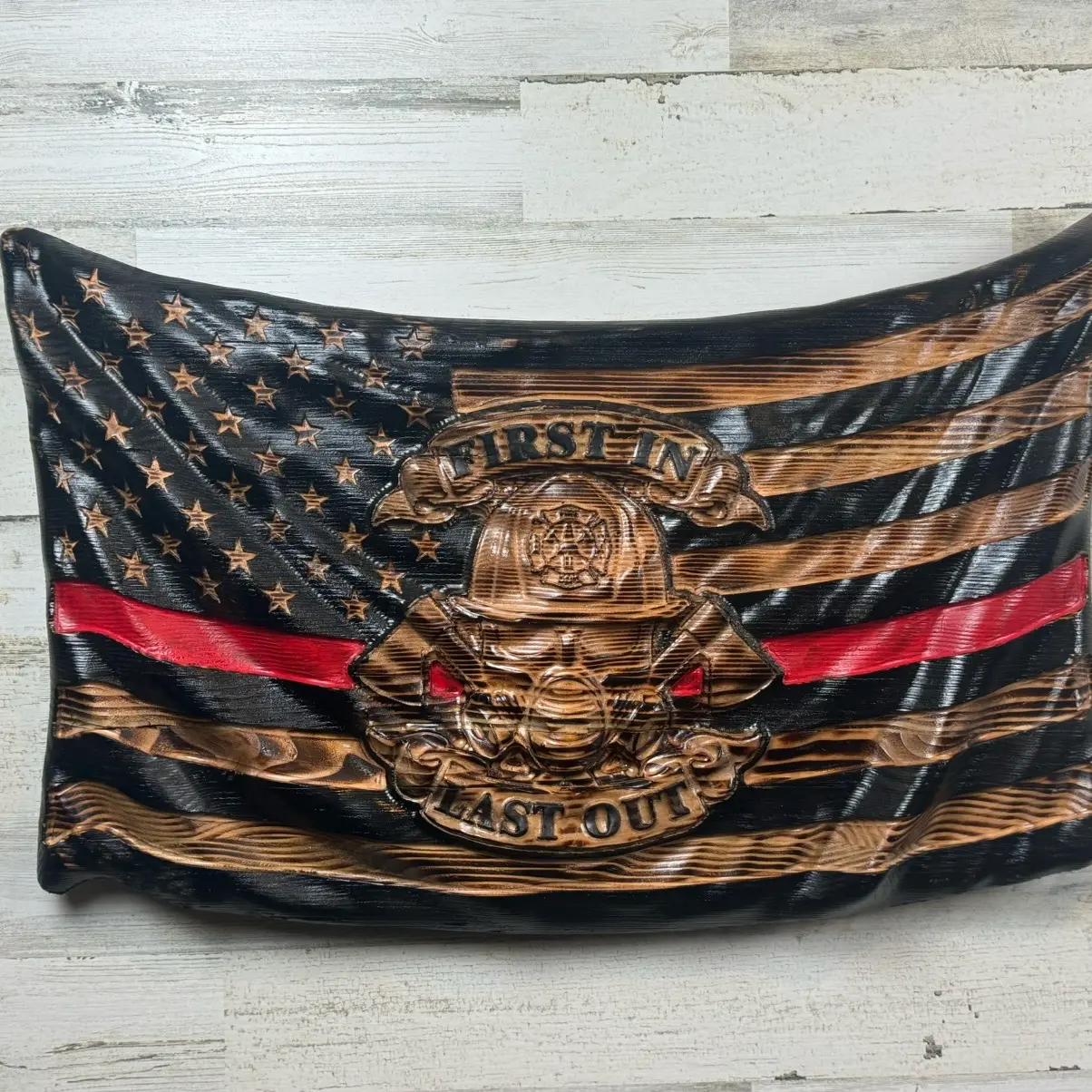 Red Line Custom Firefighter Wooden Flag for veteran gift for father