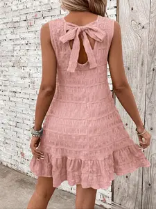 Emerald Green Vintage Plaid Coastal Dinner Back Tie Ruched Casual Resort Dress Emerald Green Tropical Jungle Back Tie Ruffled Resort Dress  Ins High-End Relaxed Vibe Emerald Green Back Tie Ruched Fitted Vacation Dress