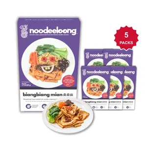 noodeeloong Shaanxi Style Biang Biang Noodles, 7.7 oz x 5 Packs | Spicy Chili Oil Flavor | Asian Noodle Kit with Seasoned Sauce and Vegetables | Vegetarian Friendly Ready Meal | Ready in 9 Minutes