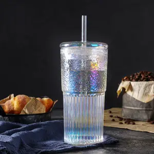 High Borosilicate Glass Cups With Lids and Glass Straws20 OZ Rainbow Iced Coffee Water Tumbler Smoothie Bottles Drinkware