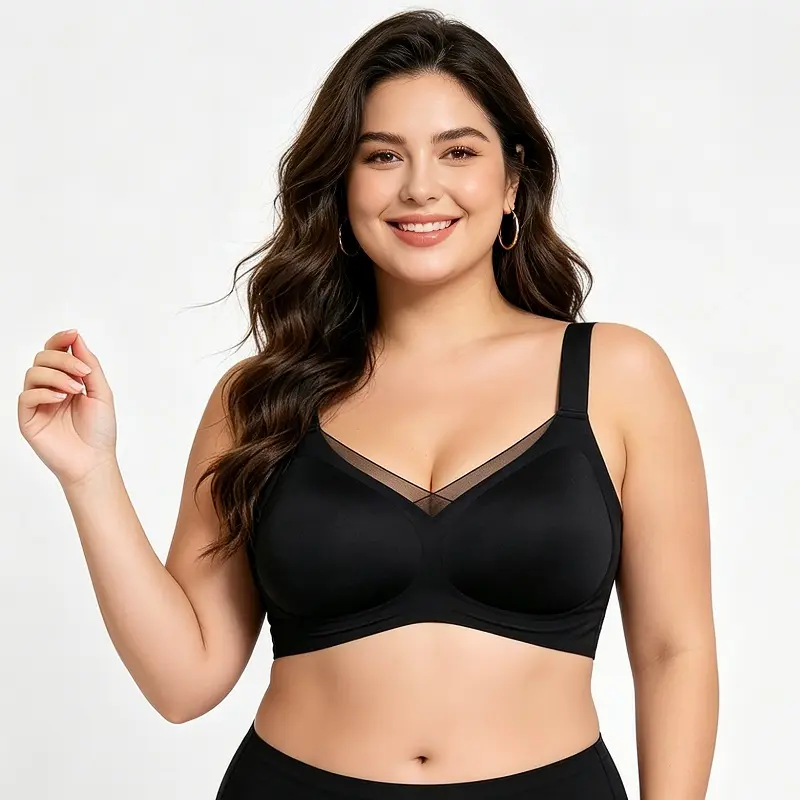 Women’s wireless seamless bra, mesh V-neck soft support bra, adjustable wide straps invisible comfort everyday bra Fit Womenswear