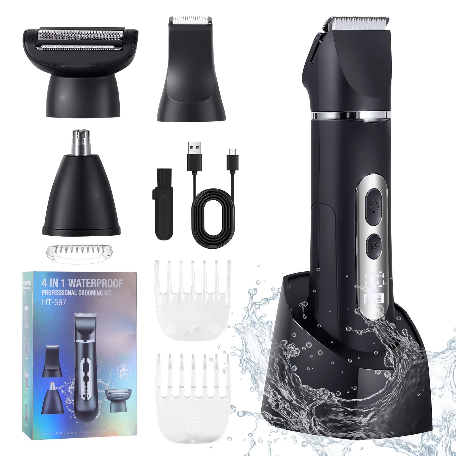 Men's Electric 4-In-1 Grooming Set, Ipx7 Waterproof Shaver, Bikini Trimmer, Nose Hair Clipper, Rechargeable Razor, Replaceable Blades