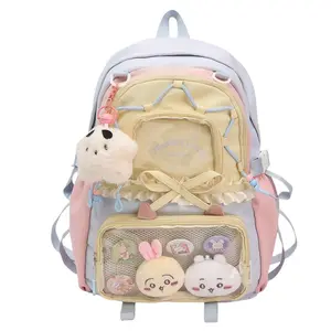 FAURALA Pastel Kawaii Ita Backpack - Cute Multi-Pocket School Bag for Anime Pins & Plush Display | Ruffle Lace Trim, Clear Mesh Windows, Adjustable Shoulder Straps | Trendy Y2K, Coquette, Kawaii Aesthetic for Daily Use (Pins & Plush NOT Included)