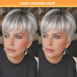 "6 Inch Short Straight Silvery Gray Human Hair Wig 150% Density Brazilian Remy Hair Full Machine Made Rose Net Cap Chic Pixie Style High Quality Soft Natural Daily Wear Hair Wig For Women "	