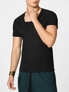 INCERUN Men's Fashion Casual Simple Knit Texture Square Neck Short Sleeve T-Shirt, Suitable For Daily Wear, Comfortable and Stylish