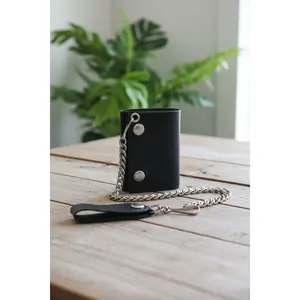 BWC235 Black Tri-Fold Genuine Leather Wallet with Chain