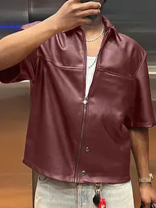 INCERUN Men's Fashion Casual PU Leather Solid Color Short Sleeve Zipper Shirt, Perfect for Daily Wear, Stylish and Comfortable