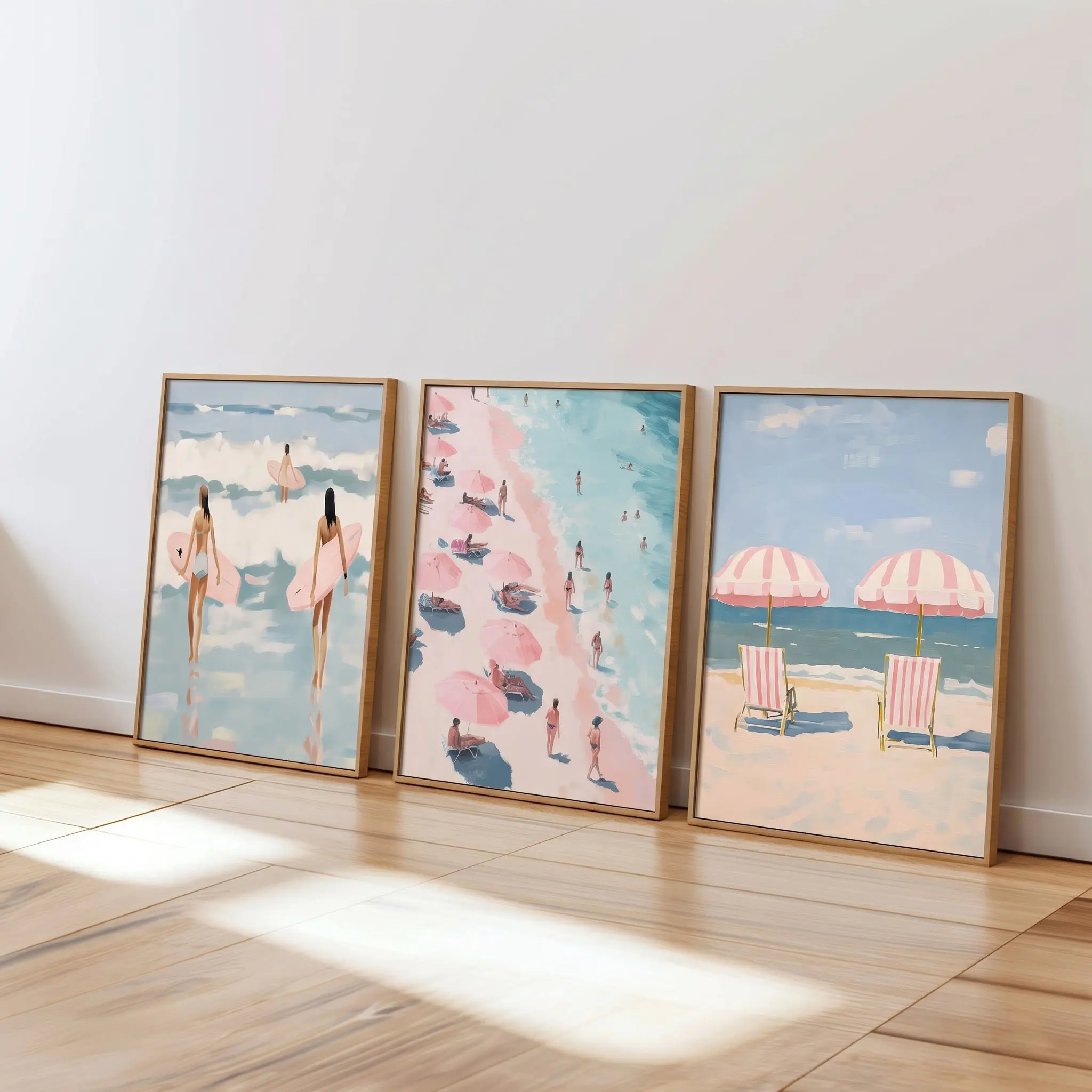 Set of 3 Preppy Pastel Beach Poster Surf Girl Wall Art Pink Coastal Print Unframed