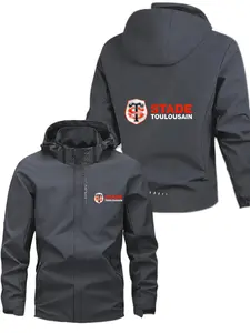 Men's Fashionable Stade Logo Jacket, Casual Hooded Design, Zipper Pockets, Polyester Material, Spring & Fall Wear, Loose-Fitting
