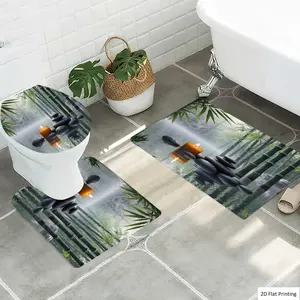 1/3Pcs Zen style Bamboo Candle and Stacked Stones Bathroom Mat Set, Flannel Non Slip Bath Rug, Toilet U-Shape Mat, Toilet Lid Cover, Thickened Soft Absorb Water, Microfiber Surface Memory Foam Cushion, Home Bat