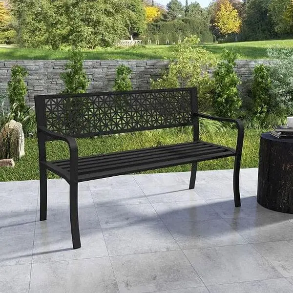 50 Inch Garden Bench with Patterned Backrest and Curved Armrests for 2-3 Person-Black, Double Seat Benches, Indoor Outdoor Benches
