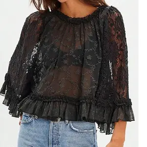 Women Sheer Poncho Tops Oversized Batwing Sleeve Blouse Contrast Lace See Through Mesh Cover Up Ruffle Flowy Boho Shirt, Boho Floral Semi Sheer Loose Fit Ruffle Hem Blouse