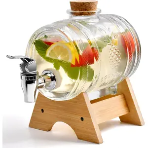 ANSQU Beverage Dispenser with Wooden Lid 1L Capacity, Convenient Tap, Wine Barrel Design for Beverages, Juices, and Alcohol, Airtight Storage Bucket