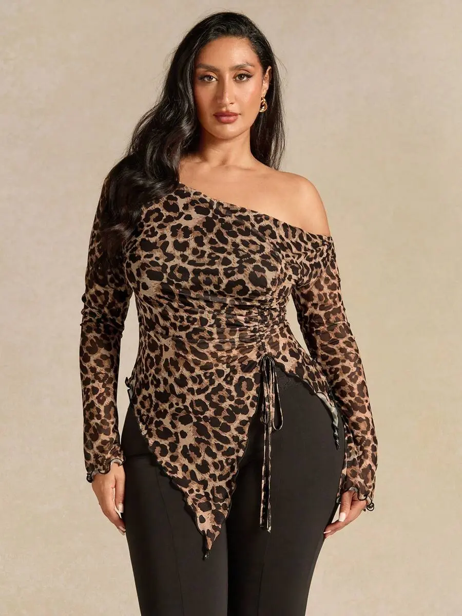 Glamine Plus Size Women Leopard Print Asymmetric T-Shirt Comfortable Everyday Wear Long Sleeve Fall Plus Size Top for Formal Wedding or Birthday Party