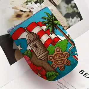 1 Puerto Rico Themed 12oz Vacuum Insulated Cup with Turquoise Blue and Gold Spanish Flag Design - Leak-Proof Travel Cup, BPA-Free 304 Stainless Steel Insulated Cup with El Morro Castle, Hibiscus Flower and Puerto Rico Flag - Hand Wash Only, U-Shaped Eggsh