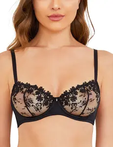 Wingslove Women's Sexy Lace Bra Demi Sheer Mesh Balconette See Through Bralette Unlined Underwire Embroidered