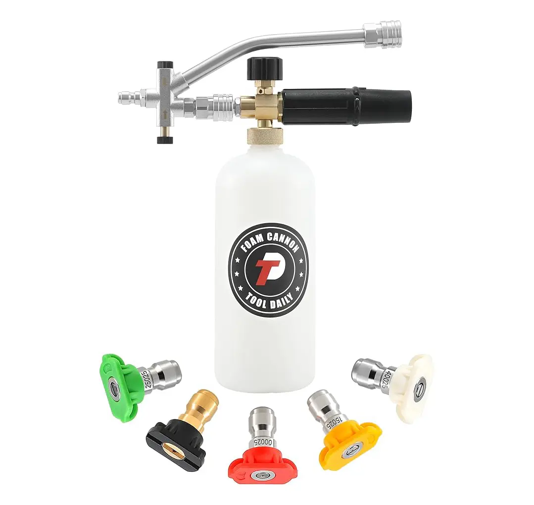 Tool Daily 1L Snow Foam Cannon with Dual Connector Accessory, 1/4-Inch Quick-Connect, 5 Nozzle Tips, Adjustable Lance for Pressure Washers (Windows, Decks, Driveways), Car Accessories, Tool Upgrade