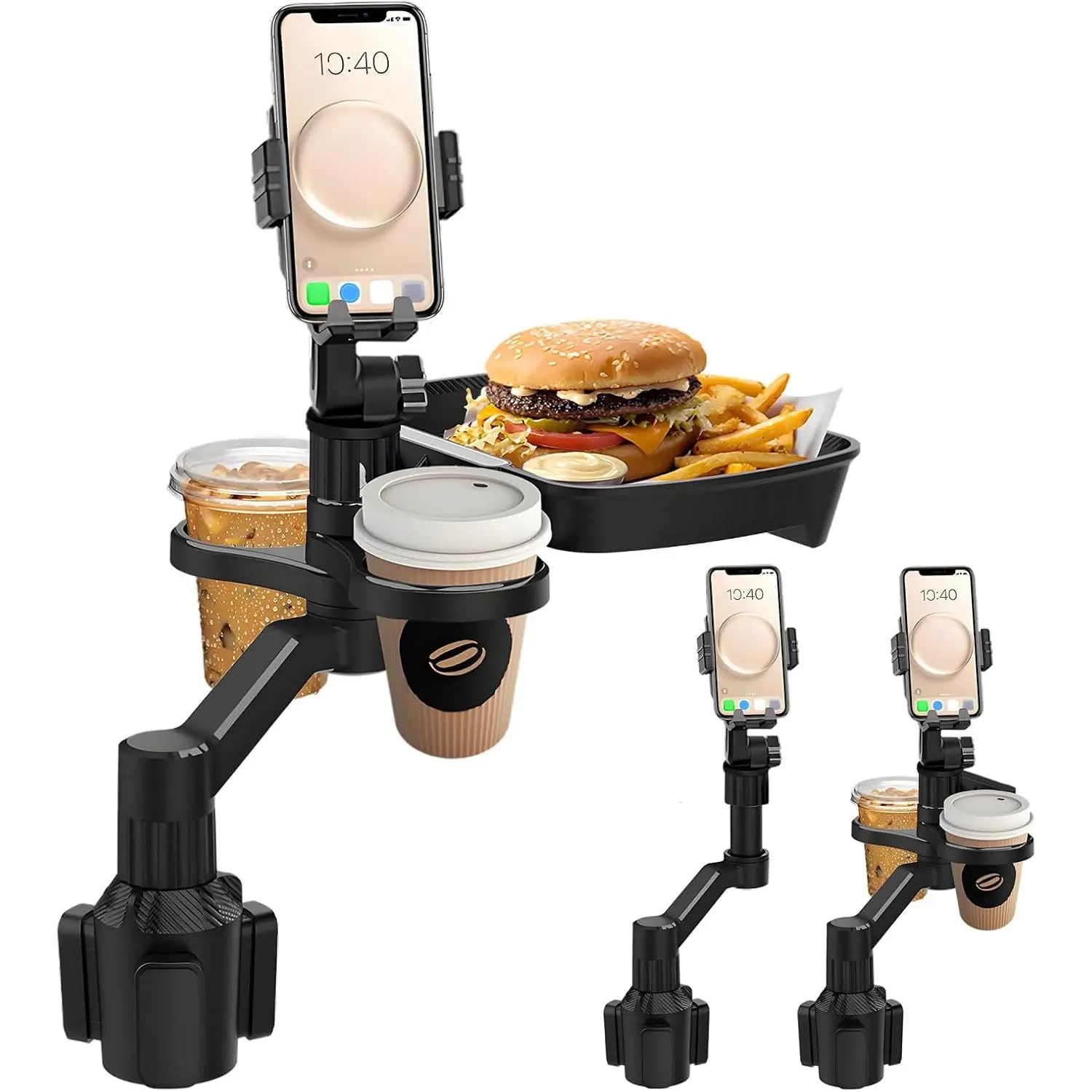 4-in-1 Adjustable Car Cup Holder Expander Multi-Use Tray, 360 Degree Multi Surface Mounts & Holders for Dashboard Devices, Road Trip Car Hacks Essential for Drivers & Front Passengers