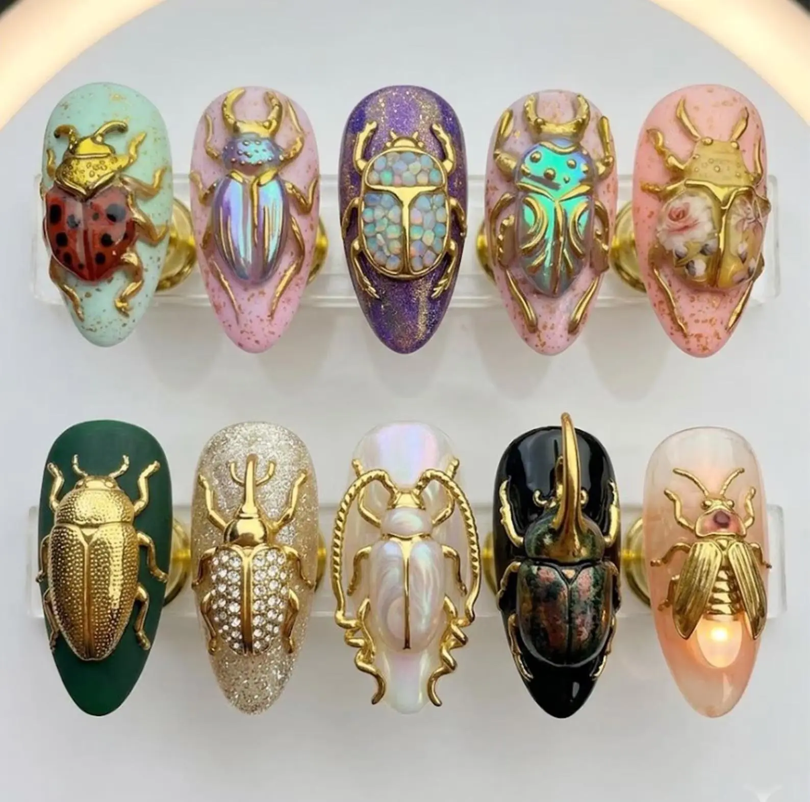 Dark Academia  3D Scarab Stag Beetle Fake Nails, Quirky Entomology Bug Handmade Golden Insect Press On Nails