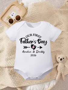Personalized "Our First Father's Day 2026" Baby Footprint Onesie Bodysuit