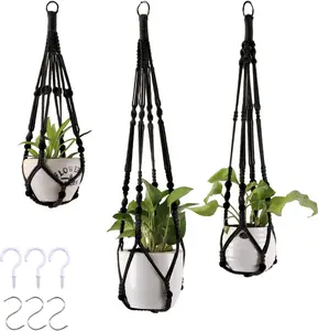 3-Pack Macrame  Hanger Indoor - Hanging Planter Basket for Indoor Outdoor - Decorative Boho  Holders Set with Beads - Ceiling Flower Pot Holder with 6 Hooks - 35"/30"/24" Black