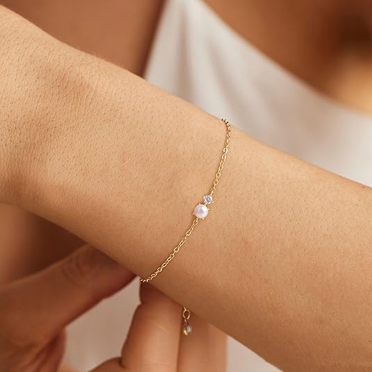 Mother Day Gift  Women’s 14K Plated Pearl Bracelet – Cultured Pearls & CZ Beaded Dainty Layered Bracelet, Bridal & Bridesmaid Jewelry Gift