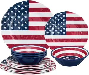 12 Piece American Flag Melamine Dinnerware Sets, Outdoor Dishes Set, Plates and Bowls Sets, Fourth of JulyDecorations, Service for 4, Patriotic Color