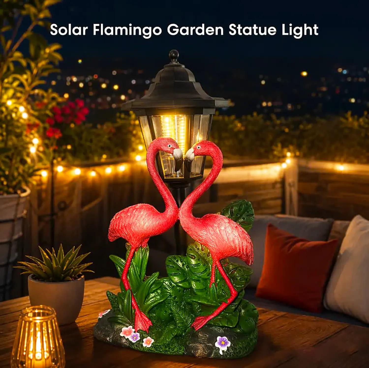 Resin Solar Flamingo Courtyard Lantern Ornament - Waterproof LED Lights, Tropical Heart Shape, Auto On/Off Outdoor Romantic Couple Statue for Backyards, Gifting
