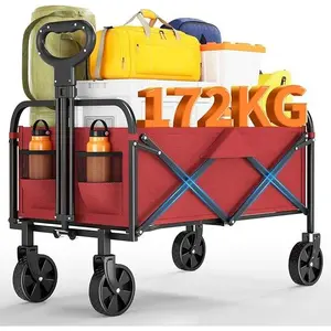 GARVEE XL Beach Cart Up to 172Kg, Foldable Transport Cart with 360° Swiveling Wheels 20CM Wide, Ideal for Camping, Picnics, Shopping, Garden, and Sports - Red
