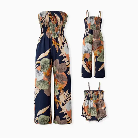 PatPat Family Matching Tropical Floral Print Strapless Polyester Jumpsuit Set - Women's & Kids' Fits, Low-Iron, Work-Ready, Stylish Comfortable Fabric, Mommy-and-Me Family Clothing
