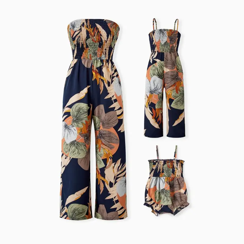 PatPat Family Matching Tropical Floral Print Strapless Polyester Jumpsuit Set - Women's & Kids' Fits, Low-Iron, Work-Ready, Stylish Comfortable Fabric, Mommy-and-Me Family Clothing