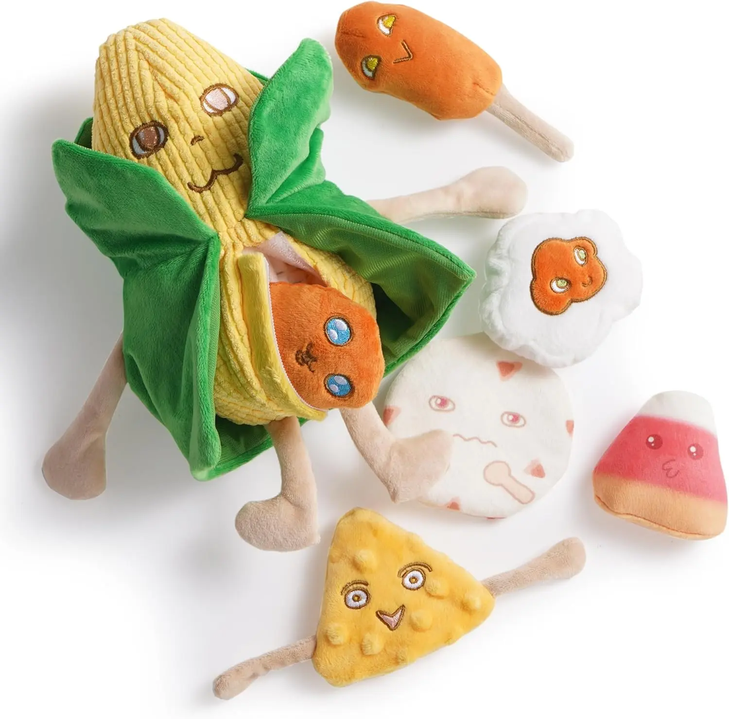 Nocciola 7-in-1 Mr.CORNelius Cartoon Food Theme Durable Plush Dog Toy - Big Corn Man with 6 Squeaky, Crinkle Corn Snacks, Tactile & Auditory Play, Training & Enrichment for Small Dogs, Tactile Play, Durable Plush For Long Play