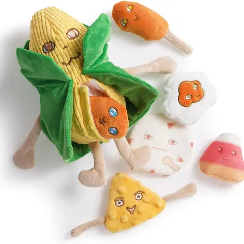 Nocciola 7-in-1 Mr.CORNelius Cartoon Food Theme Durable Plush Dog Toy - Large Body, 6 Squeaky/Crinkle Corn Snacks, Crinkle Paper, Sealed Belly, Auditory Play, Enrichment, Intellectual Development, Interactive Training for Small Dogs, Squeak Toy