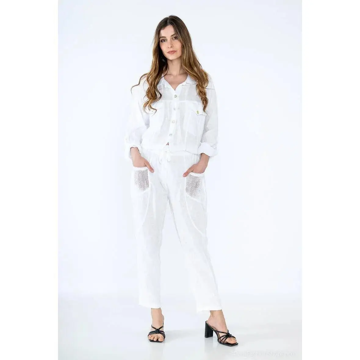 Women's 100% Linen Button Casual Basic Jacket Top, 1-Size White Coat with Pockets, Tops, Coats, Solid