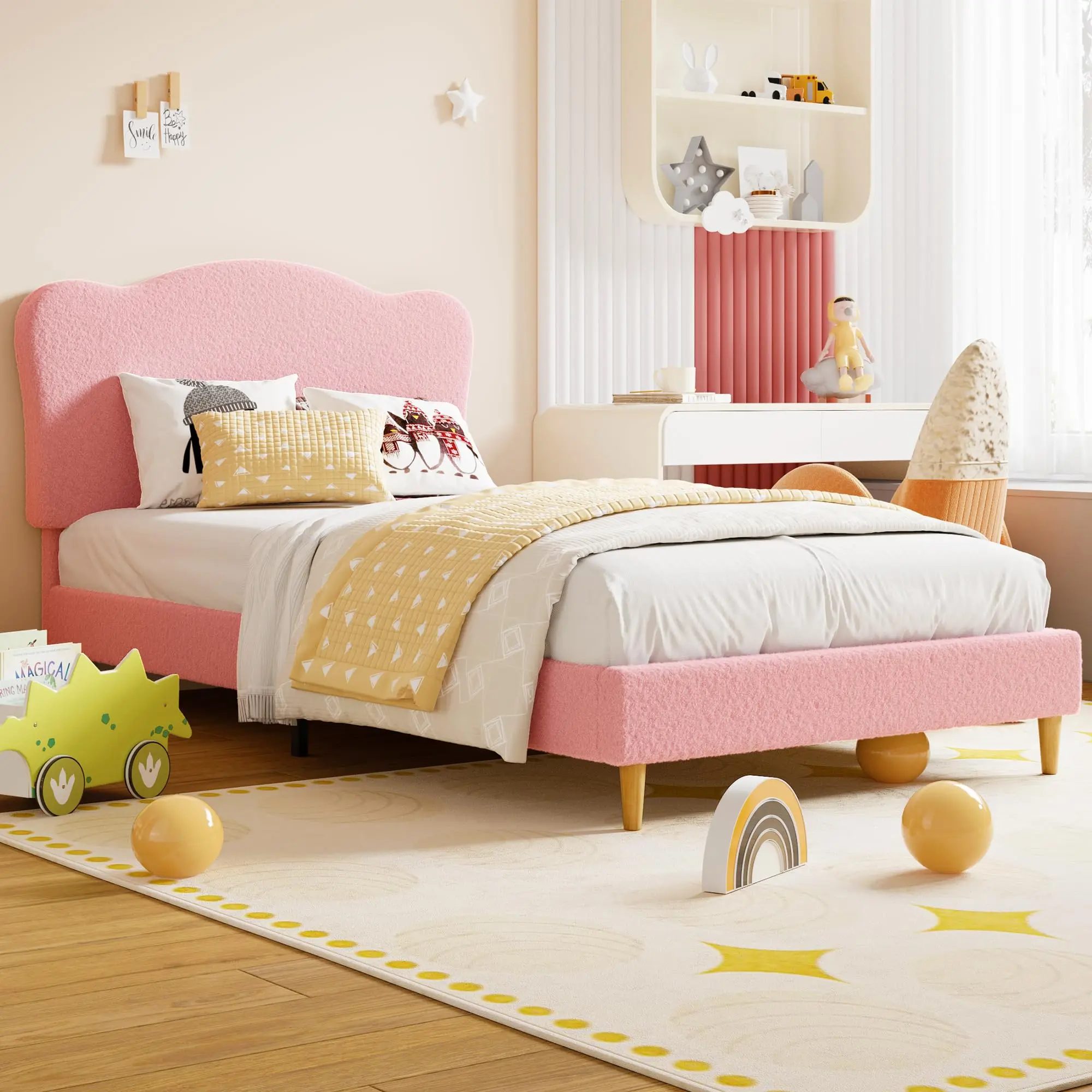 Princess Kids Bed with Crown Headboard, Soft Berber Fleece Upholstered Low Platform Bed Frame, Noise-Free Metal Wood Support Bed for Girls Bedroom