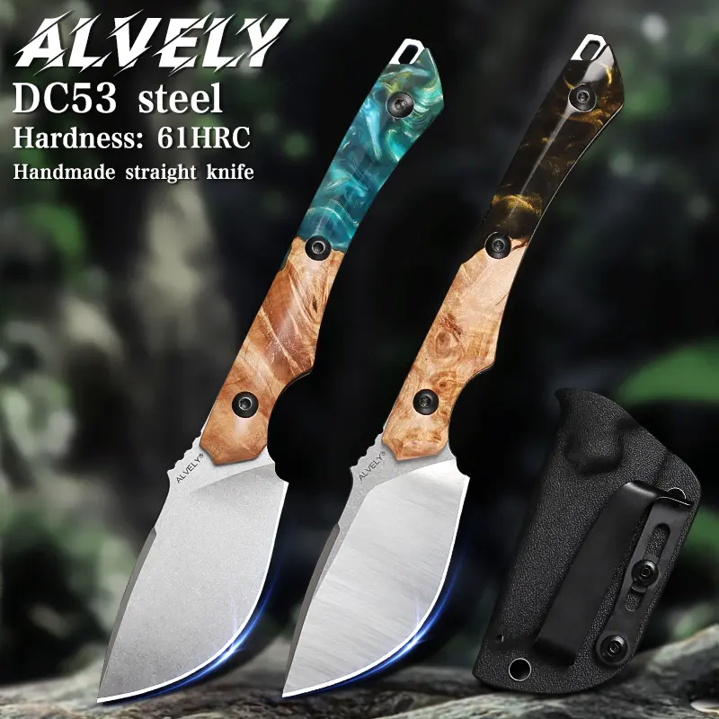 ALVELY Eggplant Knife, Handmade DC53 Steel with Scabbard, Men's EDC Belt Knife, Camping Knife, Fishing Travel Knife, Gift for Men