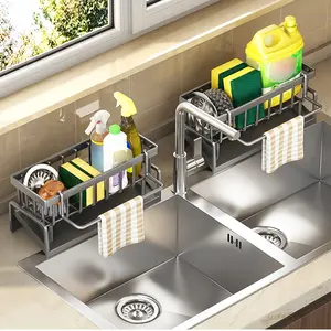 Stainless steel kitchen sink storage rack with towel hanger, a space-saving storage unit that can hold sponges, soap, brushes, and cloths.holiday gift、Gift, Dish Drying Rack