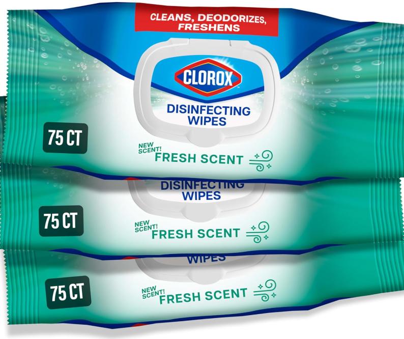 Clorox Disinfecting Wipes Flex Pack, Bleach Free, Fresh Scent, 75 Count, Pack of 3 (Pack May Vary)