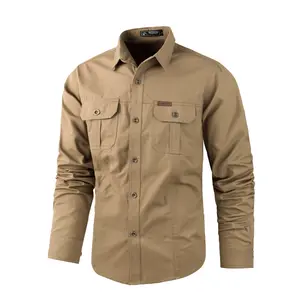 Men's Long-Sleeve Button-Front Cotton Plain Cargo Work Shirt - Durable All-Seasons Menswear Top with Chest Pockets for Tactical Outdoor Use (Beige, Khaki), Casual Lightweight Breathable, Button Front Shirts