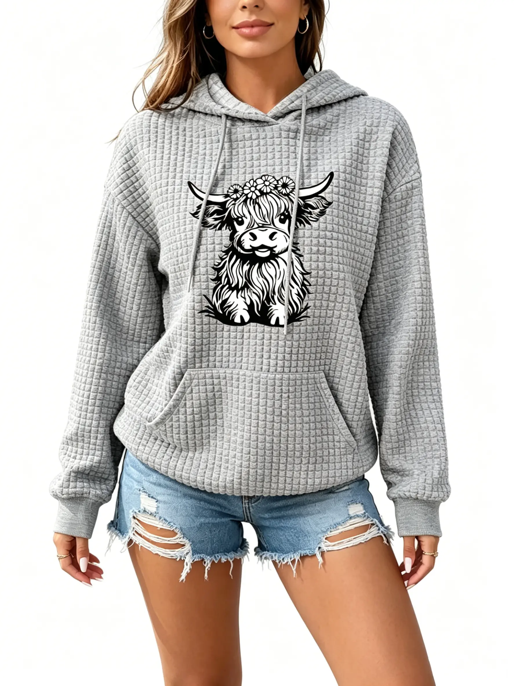 Women's Hooded Sweatshirt - Long Sleeve Pullover Hoodie with Highland Cow Floral Print, Textured Fabric, winter clothes for women