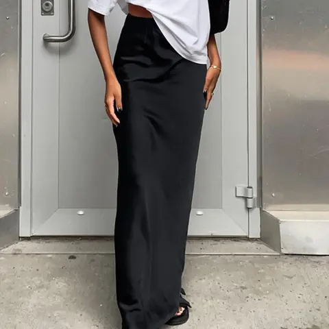 Women's Solid Color Satin Skirt, Elegant Fashion Basic Fitted Long Skirt for Daily Outdoor Casual Wear, Women Bottom Clothing for Summer, Fashionable Skirt, Womenswear