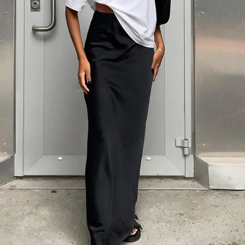 Women's Solid Color Satin Skirt, Elegant Fashion Basic Fitted Long Skirt for Daily Outdoor Casual Wear, Women Bottom Clothing for Summer, Fashionable Skirt, Womenswear