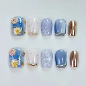 T96 Short Square Press on Nails High-end Versatile Detachable Reusable Fake Nails Handmade Holiday Nail Art for Everyday Wear or Gift in Blue and Gold