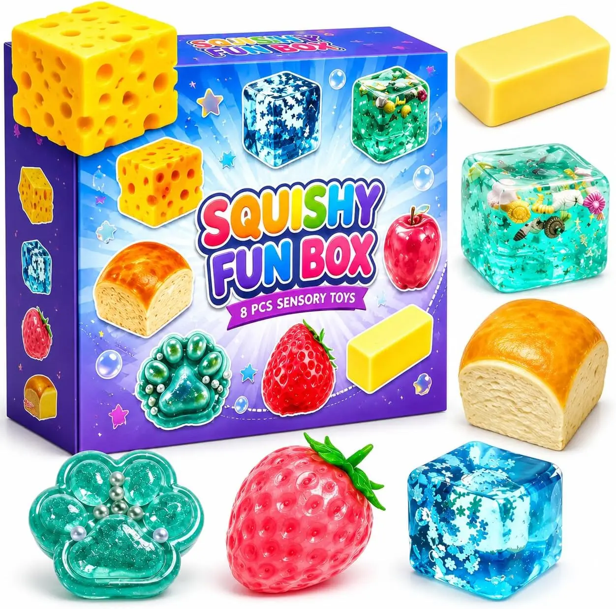 8 PCS Mystery Box Stress Relief Toys Set, Soft Squeezable Bun Pinch Toys for Adults & Kids, Cute Sensory Desk Decor, Birthday Party Favor Gifts