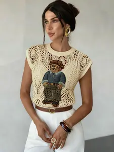 Adorable Cartoon Bear Animal Print Sleeveless Round Neck Sweater Tee, Casual Hollow Design Knit Pullover Tops Knitwear Womenswear for Spring Summer Fall