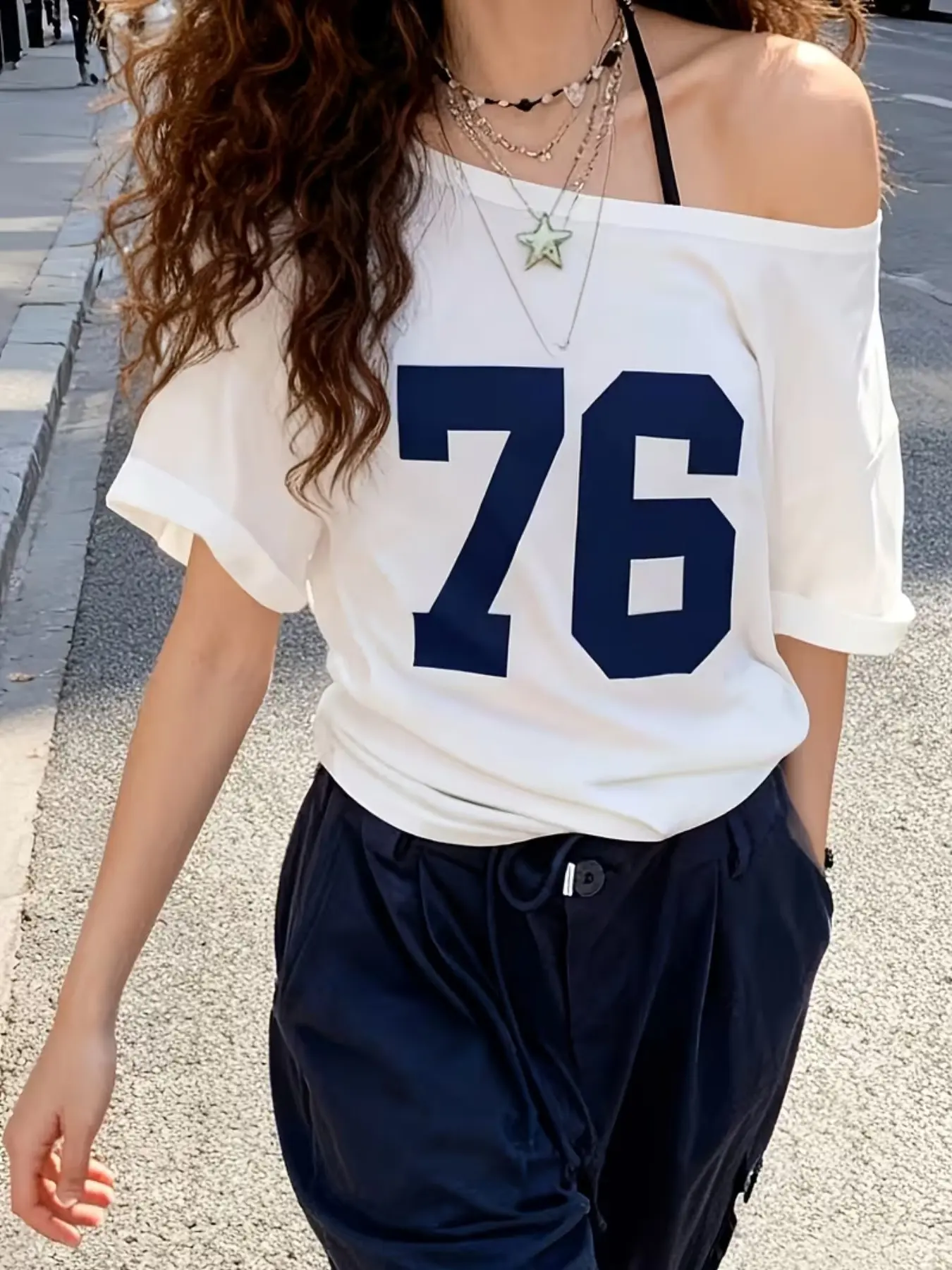 Women's Y2K Aesthetic Streetwear Single-Shoulder Short Sleeve T-Shirt with '76' Number Print - Oversized Casual Top, Number 76 Graphic Tee for Summer & Year-Round Wear, Machine Washable Loose Fit Blouse