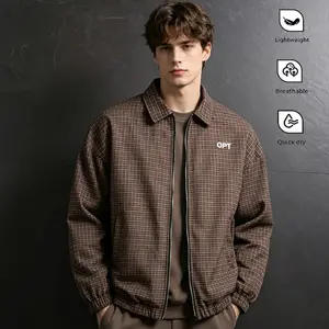 Men's Vintage Plaid Harrington Jacket, Oversized Loose Fit Brown Checkered Zip Up Collared Coat with Embroidered Logo & Side Pockets, Lightweight Casual Streetwear Outerwear for Daily Wear School Travel